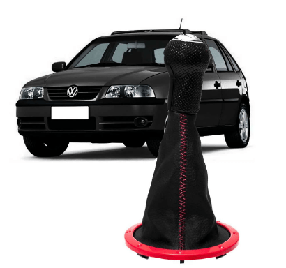 Coifa Cambio Volkswagen Gol G3 Napa Preta C/ Bola Costura Aplique Vermelha Mascara Cromada 0110422