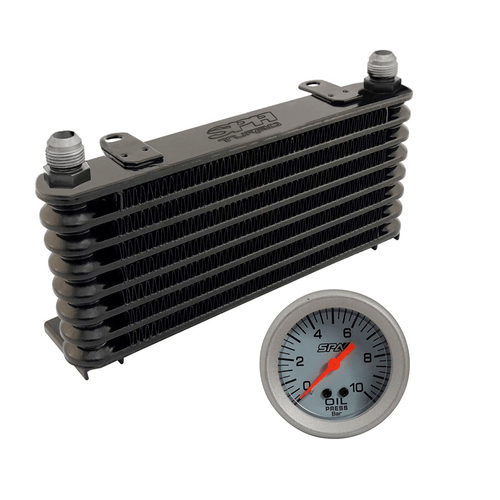 Radiador de óleo universal - Entrada/Saída 10AN - 250mm x 105,5mm x 32mm + Manômetro de Pressão de Óleo 10 Bar 52mm