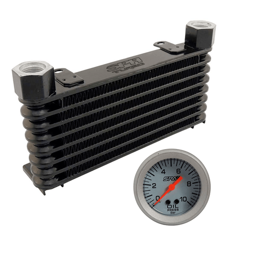 Radiador de óleo universal - Entrada/Saída 10AN - 250mm x 105,5mm x 32mm + Manômetro de Pressão de Óleo 10 Bar 52mm